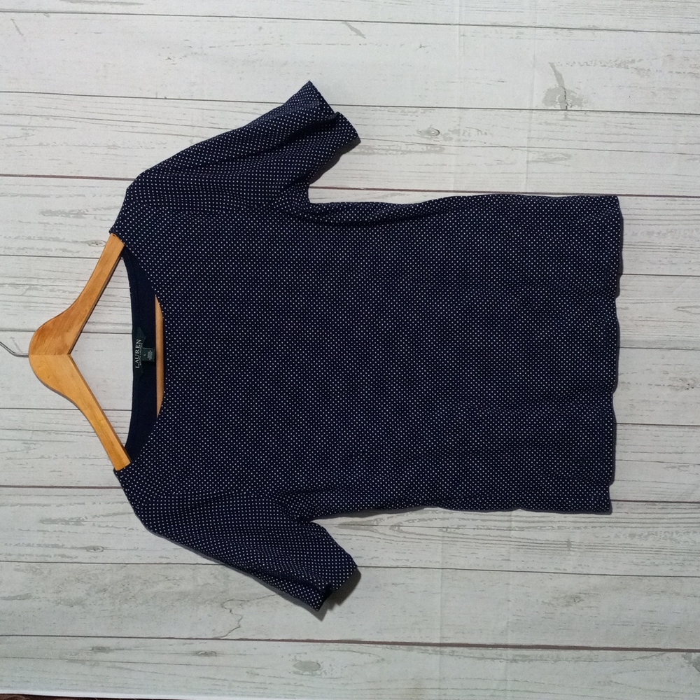 Ralph Lauren Navy blue polka dot top sz L